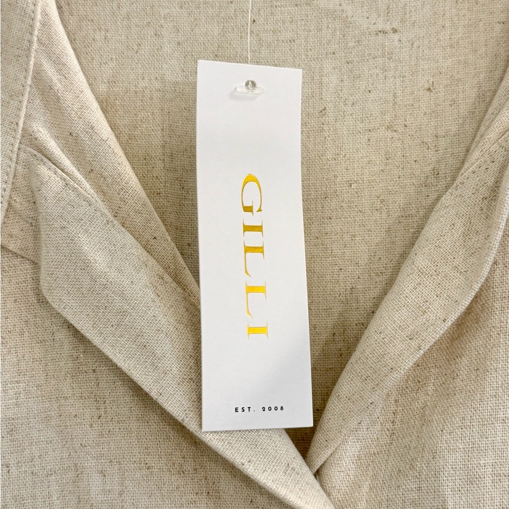 Beige Linen Blend Short Sleeve Romper with Button Front Drawstring Waist Size L - Picture 6 of 9